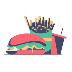 gambkrger along with french fries and juice
