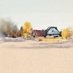 Autumn  landscape with a small village