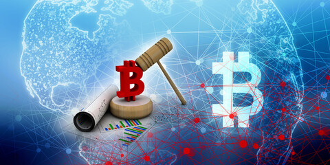 3d rendering bitcoin sign currency with hammer