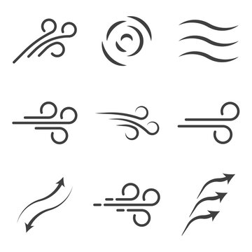 Set of icons movement of air flow, blowing, wind. Simple line drawings of arrows and wind direction symbols. Isolated vector on white background.