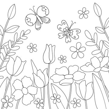 Simple childrens coloring page with cute flowers and butterflies. Illustration with silhouette of plants