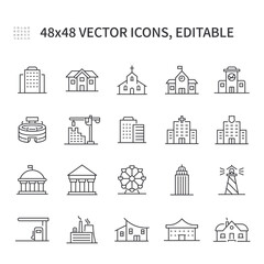 Simple vector line icons. On the theme of the building contains icons such as police station, church, ferris wheel, gas station and more. 