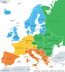 Europe subregions, political map. Geoscheme, that subdivides the European continent into Eastern, Northern, Southern, and Western Europe, for statistical purposes, and represented in different colors.