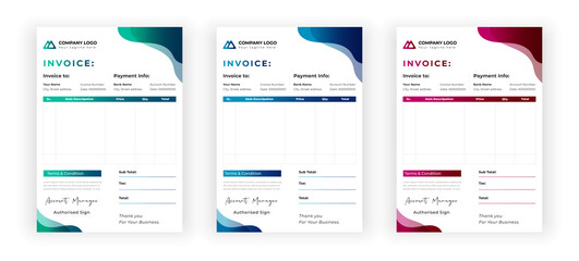 Business invoice design template, simple invoice minimal statement invoice template, professional modern clean creative bill, money receipt invoice design. 