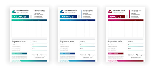 Business invoice design template, simple invoice minimal statement invoice template, professional modern clean creative bill, money receipt invoice design. 