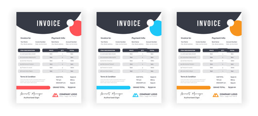 Business invoice design template, simple invoice minimal statement invoice template, professional modern clean creative bill, money receipt invoice design. 