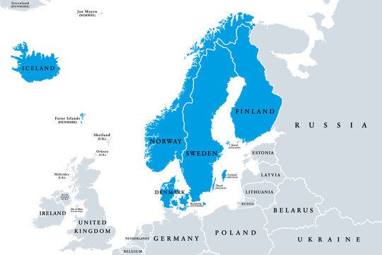 Scandinavia, political map. A subregion in Northern Europe, most commonly referring to Denmark, Norway, and Sweden, and more broadly also with Aland, Faroe Islands, Finland and Iceland. Illustration.