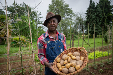 A farmer in the fields with a basket of freshly harvested potatoes, concept of harvest in the fields