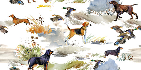 hunting dogs and Ducks seamless pattern. Greyhound dog breed illustration. hunting dogs watercolor illustration. Duck hanting - 512413911