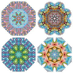 Hand drawn zentangle set of 4 color mandalas for decoration