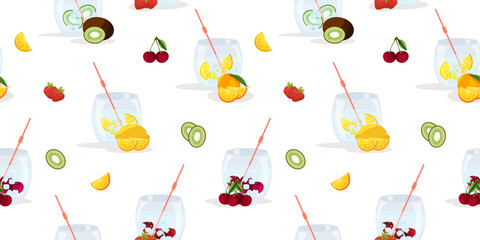 Seamless pattern of summer soft drinks. Lemonade with lemon, strawberry, cherry, kiwi, orange. Vector illustration on a white background. Seamless Summer pattern.