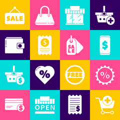 Set Add to Shopping cart, Discount percent tag, Smartphone with dollar, building or market store, Paper check and financial check, Wallet, Hanging sign Sale and Price icon. Vector
