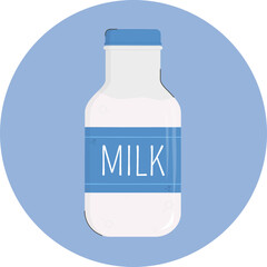 A bottle of milk with a blue label. Vector icon of a plastic milk bottle. Vector icon in flat style