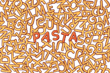 Pasta cartoon alphabet. Font from letters in the form of macaroni. Lettering from pasta soup. Design for backgrounds, wallpapers, textile composition. Vector hand drawn.