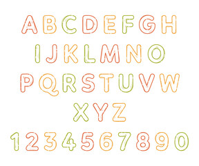 Pasta cartoon alphabet. Font from letters and numbers in the form of macaroni. Lettering from pasta soup. Isolated objects for books, backgrounds, cards, textile composition. Vector cartoon style.