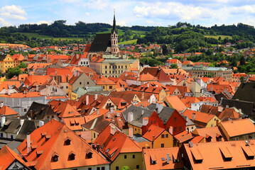 Fototapeta na wymiar Panorama of Cesky Krumlov. A beautiful and colorful amazing historical Czech town. The city is UNESCO World Heritage Site, Vltava river. Czech, Krumlov