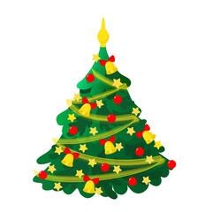 Christmas tree decorated with toys and balls and stars and garland in cartoon style. Festive illustration isolated on white background.