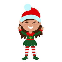 The elf stands straight and raised his hands up. The child is happy and smiling and he is delighted. The child is wearing traditional elf clothing and striped tights. Cartoon Christmas illustration.