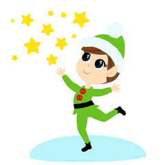 The elf runs and scatters the stars. The child is happy and smiling. The boy is wearing green elf clothes. Cartoon Christmas illustration isolated on white background.