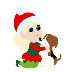 Little cute elf girl sits and hugs a dog. The child is happy and smiling. The girl is wearing red and green elf clothes. Cartoon Christmas illustration isolated on white background.