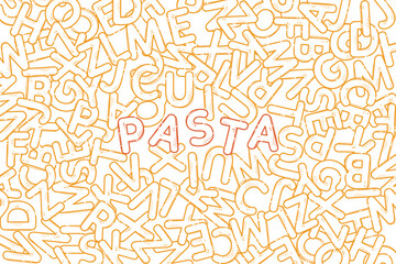 Pasta cartoon alphabet. Font from letters in the form of macaroni. Lettering from pasta soup. Design for backgrounds, wallpapers, textile composition. Vector hand drawn.