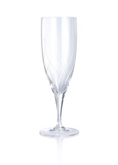 Empty clear champagne glass in front view, and reflection isolated on white background, Suitable for Mock up creative graphic design, clipping path.