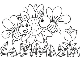 bee with sunflower cute coloring page for kids