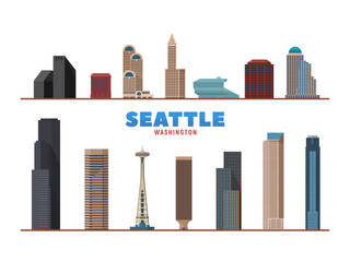 Obraz premium Seattle Washington city landmarks isolated object. Business travel and tourism concept with modern buildings. Image for presentation, banner, web site.