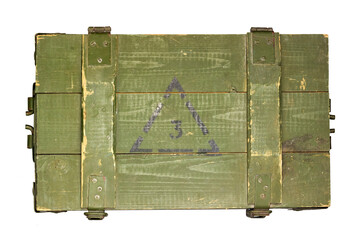 an army wooden green box with black designations, close-up on a white background. texture of the...