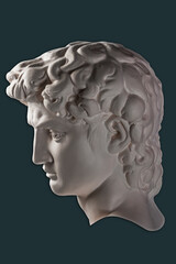 Gypsum copy of head statue David for artists. Copy of face famous sculpture youth of David focused on upcoming fight with giant Goliath by Michelangelo. Template design for dj, fashion, poster, zine