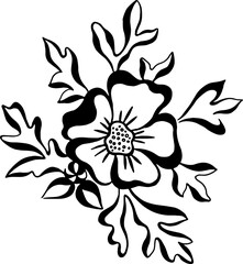 Wild rose flower. Stylized drawing of a wild rose flower. Outline vector illustration isolated on white background. Linear drawing.  Hand drawn nature painting. 