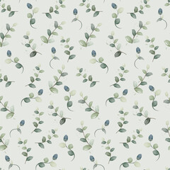 Vector floral seamless pattern with watercolor blue flowers and green leaves on green background.