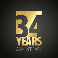 34 Years Anniversary negative space numbers gold black logo icon banner
