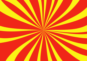 Starburst. Abstract background. Red and yellow stripe backdrop. Waved spiral stripes. Bright colors.