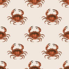 Red crab seamless pattern. Seafood background