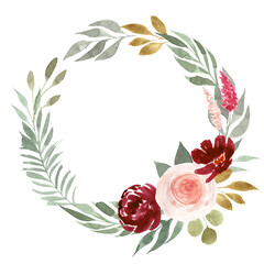Elegant floral watercolor wreath with rose, peony and greenery isolated on white.