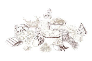 Hand drawn milk products, gourmet food slices, .