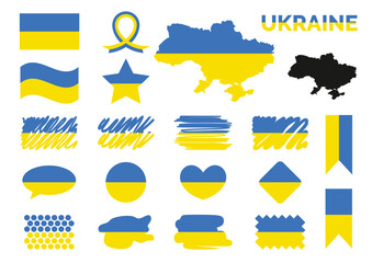 Symbol elements collection with the flag of Ukraine design. Button, rhombus, dots, hand drawn, speak cloud, heart, circle, icons, ribbon, star, word, flags. Blue and yellow. Wavy