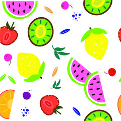 Tropical fruits isolated on white backgraund. Colorful hand drawn fruit pattern. Seamless pattern of juicy fruits and berries, watermelon, lemon, cherry, kiwi, strawberry, orange. Summer background