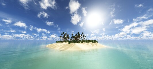 Tropical island in the ocean against the sky with clouds, 3d rendering