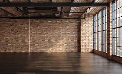 Empty loft apartment, industrial style, 3d render