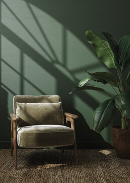Home interior with armchair and flower, dark green living room, 3d render