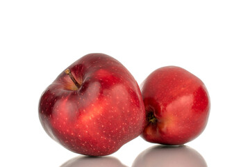 Fototapeta na wymiar Two ripe red apples, close-up, isolated on a white background.