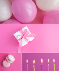 Holiday collage. Gift box, colored  ballons, macaroon and lit candles on the pink background. Closeup.