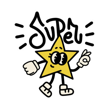 Retro Cartoon emblem of super star in vintage linear style with lettering word. Cute character with eyes, gloved hands. Hand drawn trendy vintage cartoon style. Vector Illustration