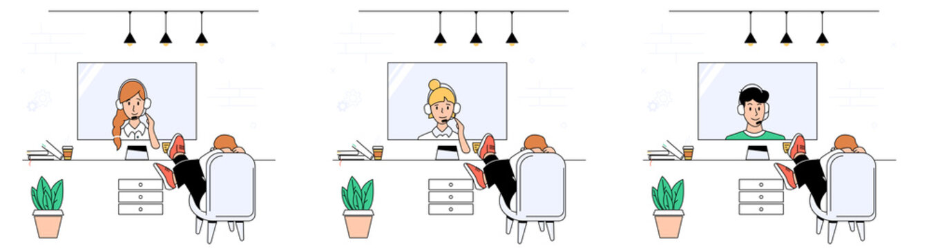 A set of illustrations of technical support employees advising a client. Customer Support Department. Online customer support. Customer support modern stock vector illustration.
