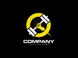 gym and fitness logo inspiration with lighting hand and barbell or iron dumbell elements in bold circle shape. a symbol of strong muscle, athletic, power
