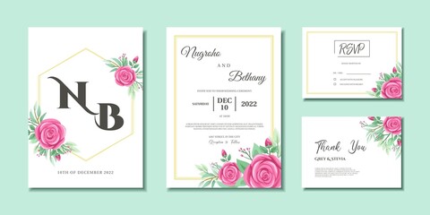 Fototapeta na wymiar Wedding invitation with beautiful wreath of pink rose and leaves. Wedding invitation, Thank you card and RSVP with rose flower bouquet.