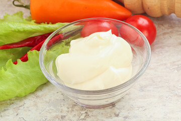 Organic mayonnaise sauce in the bowl
