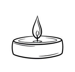 Small handmade candle. Doodle sketch style. Line drawing of a simple round burning candle. Isolated vector illustration.
